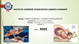 INSTITUTO SUPERIOR TECNOLÓGICO AMERICA-CHIMBOTE
Tema: PARTO NORMAL Y PARTO PATOLOGICO
DOCENTE : Lic. Enf. Elva Castillo G.
CURSO : Atención en Salud Materna
CICLO: V
AÑO : 2023
 