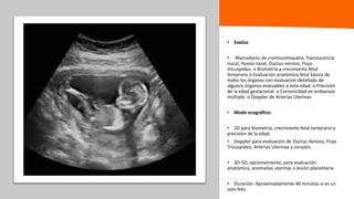 Universidad Nacional
Federico Villarreal
• Evalúa:
• Marcadores de cromosomopatía: Translucencia
nucal, Hueso nasal, Ductus venoso, Flujo
tricuspideo. o Biometría y crecimiento fetal
temprano o Evaluación anatómica fetal básica de
todos los órganos con evaluación detallada de
algunos órganos evaluables a esta edad. o Precisión
de la edad gestacional. o Corionicidad en embarazo
múltiple. o Doppler de Arterias Uterinas
• Modo ecográfico:
• 2D para biometría, crecimiento fetal temprano y
precisión de la edad.
• Doppler para evaluación de Ductus Venoso, Flujo
Tricuspideo, Arterias Uterinas y corazón.
• 3D-5D, opcionalmente, para evaluación
anatómica, anomalías uterinas o lesión placentaria
• Duración: Aproximadamente 40 minutos si es un
solo feto.
 