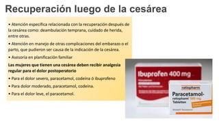Recuperación luego de la cesárea
• Atención específica relacionada con la recuperación después de
la cesárea como: deambulación temprana, cuidado de herida,
entre otras.
• Atención en manejo de otras complicaciones del embarazo o el
parto, que pudieron ser causa de la indicación de la cesárea.
• Asesoría en planificación familiar
Las mujeres que tienen una cesárea deben recibir analgesia
regular para el dolor postoperatorio
• Para el dolor severo, paracetamol, codeína ó ibuprofeno
• Para dolor moderado, paracetamol, codeína.
• Para el dolor leve, el paracetamol.
 