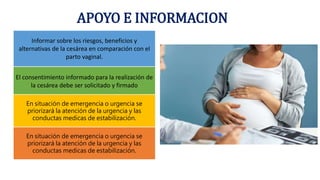 APOYO E INFORMACION
Informar sobre los riesgos, beneficios y
alternativas de la cesárea en comparación con el
parto vaginal.
El consentimiento informado para la realización de
la cesárea debe ser solicitado y firmado
En situación de emergencia o urgencia se
priorizará la atención de la urgencia y las
conductas medicas de estabilización.
En situación de emergencia o urgencia se
priorizará la atención de la urgencia y las
conductas medicas de estabilización.
 
