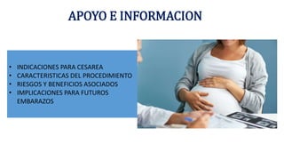 APOYO E INFORMACION
• INDICACIONES PARA CESAREA
• CARACTERISTICAS DEL PROCEDIMIENTO
• RIESGOS Y BENEFICIOS ASOCIADOS
• IMPLICACIONES PARA FUTUROS
EMBARAZOS
 
