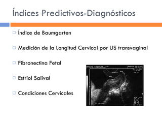 Índices Predictivos-Diagnósticos Índice de Baumgarten Medición de la Longitud Cervical por US transvaginal Fibronectina Fetal Estriol Salival Condiciones Cervicales 