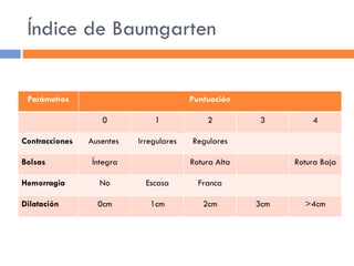 Índice de Baumgarten Parámetros Puntuación 0 1 2 3 4 Contracciones Ausentes  Irregulares Regulares Bolsas Íntegra Rotura Alta Rotura Baja Hemorragia No Escasa Franca Dilatación 0cm 1cm 2cm 3cm >4cm 