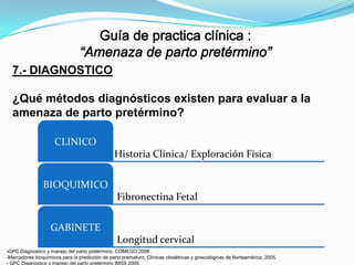 7.- DIAGNOSTICO
¿Qué métodos diagnósticos existen para evaluar a la
amenaza de parto pretérmino?
CLINICO
Historia Clínica/ Exploración Física
BIOQUIMICO
Fibronectina Fetal
GABINETE
Longitud cervical
-GPC Diagnostico y manejo del parto pretérmino, COMEGO 2008 .
-Marcadores bioquímicos para la predicción de parto prematuro, Clínicas obstétricas y ginecológicas de Norteamérica, 2005,
- GPC Diagnostico y manejo del parto pretérmino IMSS 2009.

 