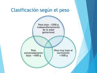 Clasificación según el peso
Peso bajo: <2500 g
independientemente
de la edad
gestacional
Peso muy bajo al
nacimiento:
<1500 g
Peso
extremadamente
bajo: <1000 g
 