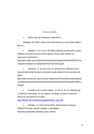 16
BIBLIOGRAFÍA:
 Nuevo libro del embarazo y nacimiento
Stoppard, M. (2002). Nuevo libro del embarazo y nacimiento. Madrid:
Norma .
 Mazzetti, P. (s.f. de s.f. de 2005). definiciones del parto vertical .
Obtenido de norma tecnica para la atencion de un parto vertical con
adecuacion intercultural :
http://www.unfpa.org.pe/publicaciones/publicacionesperu/Norma%20Tecnica
%20para%20Atencion%20del%20Parto%20Vertical.pdf
 Bernardo , A. (s.f de s.f de s.f). aplicaciones. Obtenido de La
posición tradicional de ateción del parto ( parto vertical) en los servicios de
salud :
http://www.nuevelunas.org.mx/Leyes,%20Normas%20e%20Iniciativas/Model
o%20de%20parto%20vertical%20en%20la%20S%20de%20Salud%20MEXI
CO.pdf
 beneficios de un parto vertical . (s.f de s.f. de s.f). Obtenido de
La atención intercultural de las mujeres: el trabajo de parto en posición
vertical en los servicios de salud :
http://189.28.128.100/dab/docs/geral/modelo_parto.pdf
 Morales , A. (18 de 06 de 2012). Antecedentes historicos .
Obtenido de parto vertical: ventajas y desventajas :
http://www.slideshare.net/kilde1/parto-vertical
 