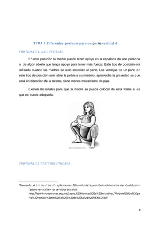 8
TEMA 3. Diferentes posturas para un parto vertical 4
SUBTEMA 3.1. EN CUCLILLAS
En esta posición la madre puede tener apoyo en la espalada de una persona
o de algún objeto que tenga apoyo para tener más fuerza. Este tipo de posición era
utilizada cuando las madres se auto atendían al parto. Las ventajas de un parto en
este tipo de posición son: abre la pelvis a su máximo, aprovecha la gravedad ya que
está en dirección de la misma, tiene menos mecanismo de puje.
Existen materiales para que la madre se pueda colocar de esta forma si es
que no puede adoptarla.
SUBTEMA 3.2 POSICION HINCADA
4
Bernardo, A. (s.f de s.f de s.f). aplicaciones.Obtenidode Laposicióntradicionalde atecióndel parto
( parto vertical) enlosserviciosde salud:
http://www.nuevelunas.org.mx/Leyes,%20Normas%20e%20Iniciativas/Modelo%20de%20pa
rto%20vertical%20en%20la%20S%20de%20Salud%20MEXICO.pdf
 