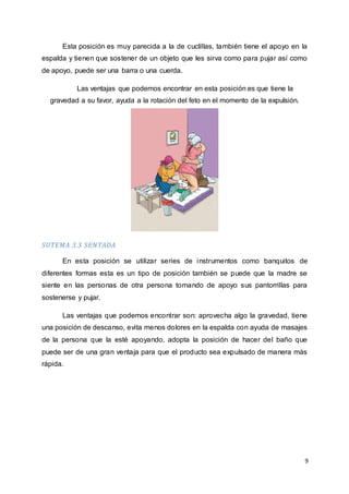 9
Esta posición es muy parecida a la de cuclillas, también tiene el apoyo en la
espalda y tienen que sostener de un objeto que les sirva como para pujar así como
de apoyo, puede ser una barra o una cuerda.
Las ventajas que podemos encontrar en esta posición es que tiene la
gravedad a su favor, ayuda a la rotación del feto en el momento de la expulsión.
SUTEMA 3.3 SENTADA
En esta posición se utilizar series de instrumentos como banquitos de
diferentes formas esta es un tipo de posición también se puede que la madre se
siente en las personas de otra persona tomando de apoyo sus pantorrillas para
sostenerse y pujar.
Las ventajas que podemos encontrar son: aprovecha algo la gravedad, tiene
una posición de descanso, evita menos dolores en la espalda con ayuda de masajes
de la persona que la esté apoyando, adopta la posición de hacer del baño que
puede ser de una gran ventaja para que el producto sea expulsado de manera más
rápida.
 