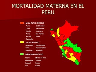 MORTALIDAD MATERNA EN EL
PERU
MUY ALTO RIESGO
ALTO RIESGO
MEDIANO RIESGO
Puno La Libertad
Cusco Cajamarca
Loreto Huanuco
Piura San Martín
Ancash Junín
Ayacucho
Amazonas Lambayeque
Lima Huancavelica
Apurímac Arequipa
Tacna Madre de Dios
Moquegua Tumbes
Ucayali Pasco
Ica Callao
 