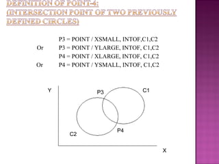 P3 = POINT / XSMALL, INTOF,C1,C2
Or P3 = POINT / YLARGE, INTOF, C1,C2
P4 = POINT / XLARGE, INTOF, C1,C2
Or P4 = POINT / YSMALL, INTOF, C1,C2
P3
P4
C1
C2
Y
X
 
