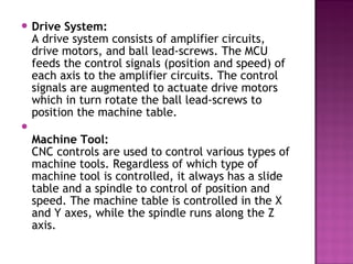  Drive System:
A drive system consists of amplifier circuits,
drive motors, and ball lead-screws. The MCU
feeds the control signals (position and speed) of
each axis to the amplifier circuits. The control
signals are augmented to actuate drive motors
which in turn rotate the ball lead-screws to
position the machine table.

Machine Tool:
CNC controls are used to control various types of
machine tools. Regardless of which type of
machine tool is controlled, it always has a slide
table and a spindle to control of position and
speed. The machine table is controlled in the X
and Y axes, while the spindle runs along the Z
axis.
 