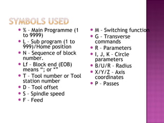  % – Main Programme (1
to 9999)
 L – Sub program (1 to
999)/Home position
 N – Sequence of block
number.
 Lf – Block end (EOB)
means “; or *”
 T – Tool number or Tool
station number
 D – Tool offset
 S – Spindle speed
 F – Feed
 M – Switching function
 G – Transverse
commands
 R – Parameters
 I, J, K – Circle
parameters
 B/U/R – Radius
 X/Y/Z – Axis
coordinates
 P – Passes
 