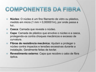 Componentes da FibraNúcleo: O núcleo é um fino filamento de vidro ou plástico, medido em micra (1 mm = 0,000001m), por onde passa a luz..Casca: Camada que reveste o núcleo. Capa: Camada de plástico que envolve o núcleo e a casca, protegendo-os contra choques mecânicos e excesso de curvatura. Fibras de resistência mecânica: Ajudam a proteger o núcleo contra impactos e tensões excessivas durante a instalação. Geralmente feitas de kevlar.Revestimento externo: Capa que recobre o cabo de fibra óptica. 