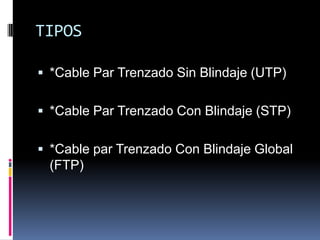 TIPOS

 *Cable Par Trenzado Sin Blindaje (UTP)


 *Cable Par Trenzado Con Blindaje (STP)


 *Cable par Trenzado Con Blindaje Global
 (FTP)
 