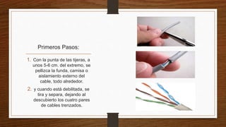 Primeros Pasos: 
1. Con la punta de las tijeras, a 
unos 5-6 cm. del extremo, se 
pellizca la funda, camisa o 
aislamiento externo del 
cable, todo alrededor. 
2. y cuando está debilitada, se 
tira y separa, dejando al 
descubierto los cuatro pares 
de cables trenzados. 
 