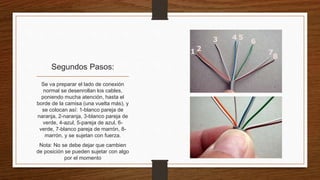 Segundos Pasos: 
Se va preparar el lado de conexión 
normal se desenrollan los cables, 
poniendo mucha atención, hasta el 
borde de la camisa (una vuelta más), y 
se colocan así: 1-blanco pareja de 
naranja, 2-naranja, 3-blanco pareja de 
verde, 4-azul, 5-pareja de azul, 6- 
verde, 7-blanco pareja de marrón, 8- 
marrón, y se sujetan con fuerza. 
Nota: No se debe dejar que cambien 
de posición se pueden sujetar con algo 
por el momento 
 