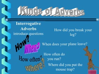 Interrogative
Adverbs
introduce questions
How did you break your
leg?
When does your plane leave?
How often do
you run?
Where did you put the
mouse trap?
 