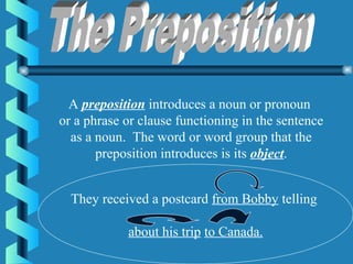 A preposition introduces a noun or pronoun
or a phrase or clause functioning in the sentence
as a noun. The word or word group that the
preposition introduces is its object.
They received a postcard from Bobby telling
about his trip to Canada.
 
