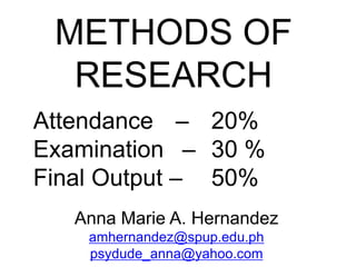 METHODS OF
RESEARCH
Attendance – 20%
Examination – 30 %
Final Output – 50%
Anna Marie A. Hernandez
amhernandez@spup.edu.ph
psydude_anna@yahoo.com
 