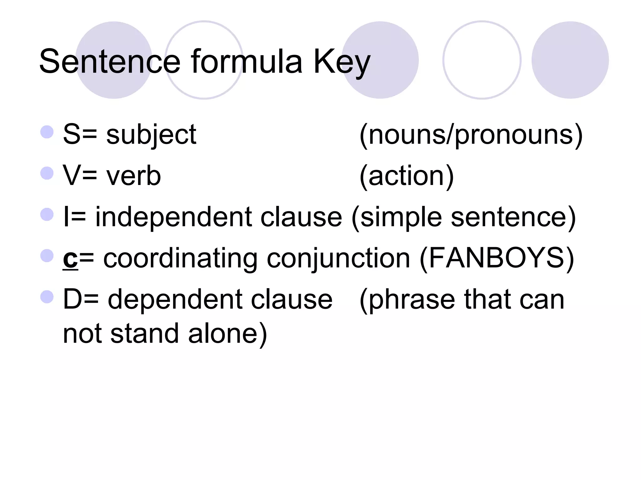 Sentence formula Key S= subject (nouns/pronouns) V= verb (action) I= independent clause (simple sentence) c = coordinating conjunction (FANBOYS) D= dependent clause (phrase that can not stand alone) 