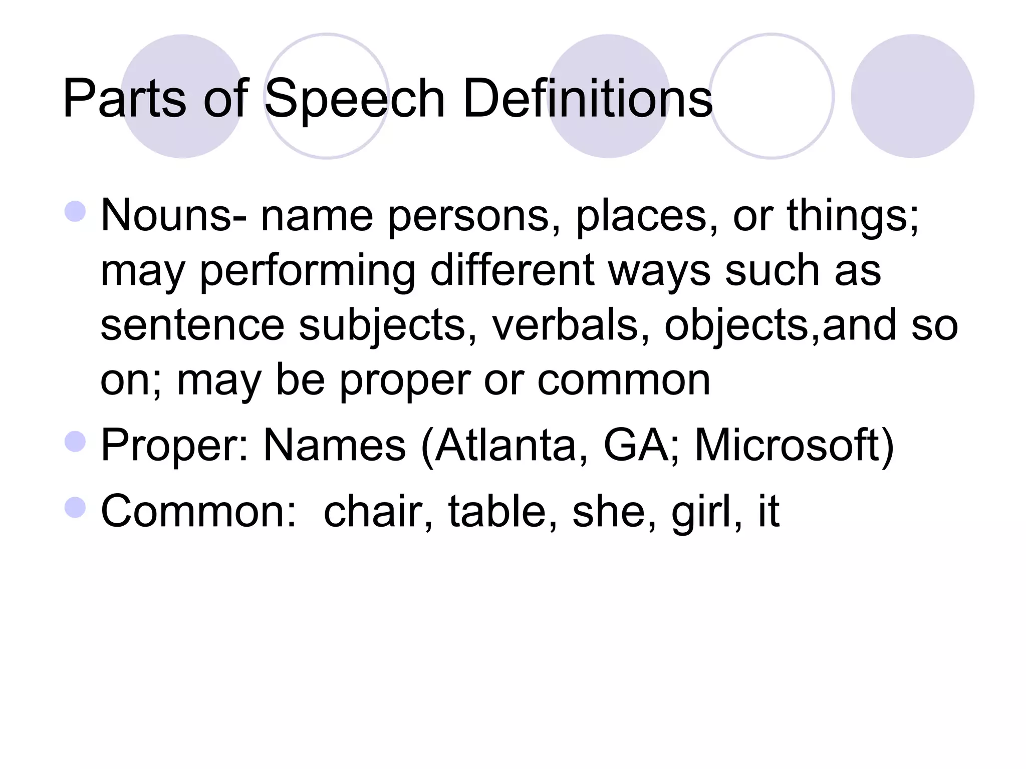 Parts of Speech Definitions Nouns- name persons, places, or things; may performing different ways such as sentence subjects, verbals, objects,and so on; may be proper or common Proper: Names (Atlanta, GA; Microsoft) Common:  chair, table, she, girl, it 