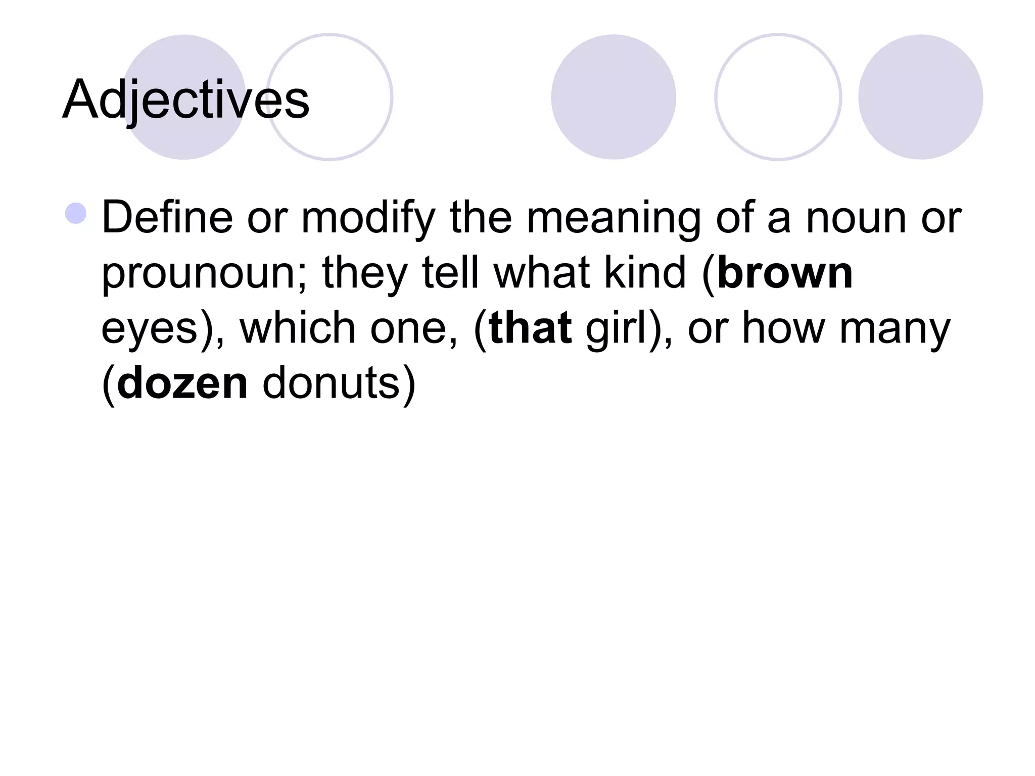 Adjectives Define or modify the meaning of a noun or prounoun; they tell what kind ( brown  eyes), which one, ( that  girl), or how many ( dozen  donuts) 