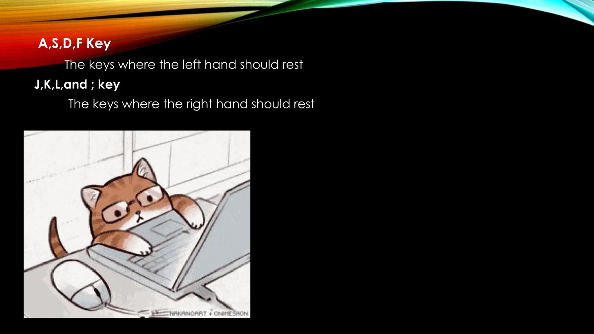 A,S,D,F Key
The keys where the left hand should rest
J,K,L,and ; key
The keys where the right hand should rest
 