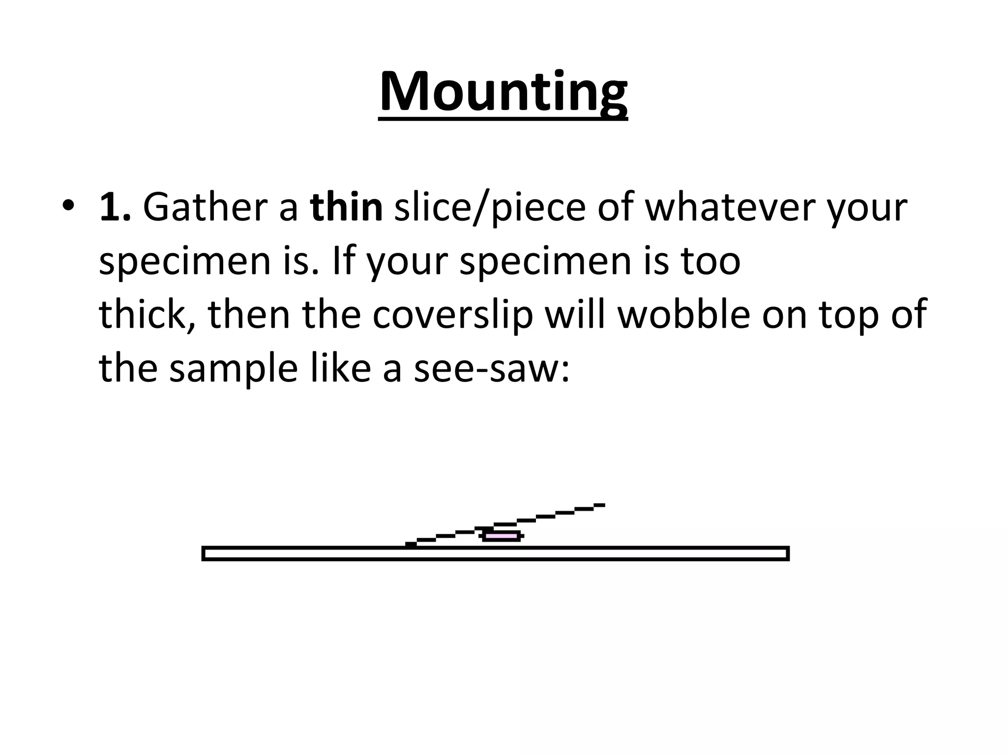 Mounting
• 1. Gather a thin slice/piece of whatever your
specimen is. If your specimen is too
thick, then the coverslip will wobble on top of
the sample like a see-saw:
 