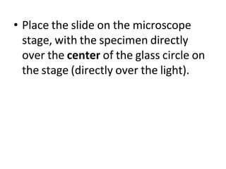 • Place the slide on the microscope
stage, with the specimen directly
over the center of the glass circle on
the stage (directly over the light).
 
