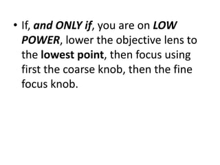 • If, and ONLY if, you are on LOW
POWER, lower the objective lens to
the lowest point, then focus using
first the coarse knob, then the fine
focus knob.
 