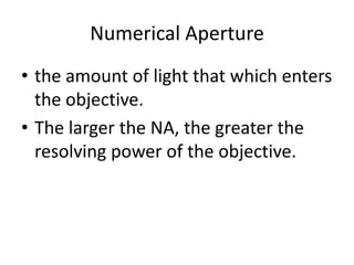 Numerical Aperture
• the amount of light that which enters
the objective.
• The larger the NA, the greater the
resolving power of the objective.
 