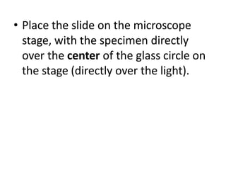• Place the slide on the microscope
stage, with the specimen directly
over the center of the glass circle on
the stage (directly over the light).
 
