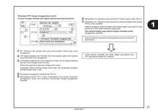 7 1 
21 
20.08.2012 
Penjelasan FRT dengan menggunakan contoh 
(Contoh mungkin berbeda dari bagian sebenarnya yang tercantum) 
No. Referensi dari gambar part yang menunjukkan lokasi kerja untuk 
penggantian. 
FRT adalah singkatan dari Flat Rate Time menunjukkan waktu servis standar 
yang dibutuhkan untuk penggantian. 
LON adalah singkatan dari Labor Operation Number, dan itu adalah klasifi kasi 
dari item servis dengan kode unit kerja. 
Kode kerja yang sama digunakan terlepas dari model. 
Pengerjaan standar ditandai dengan kode 6 digit, dan pengerjaan tambahan 
ditandai dengan kode 7 digit. 
Menyatakan penggantian camshaft dan FRT4,5. 
Menyatakan bahwa FRT1,0 akan ditambahkan jika operasi tambahan 
(penggantian rocker arm) dilakukan sehubungan dengan penggantian 
camshaft. 
1 
2 
3 
4 
5 
6 Menyatakan isi pekerjaan yang termasuk di dalam bagian yang diservis. 
Menyatakan No. Referensi yang operasi dan waktunya adalah sama dengan 
FRT4,5 untuk camshaft. 
(Daerah jangkauan aplikasi terbatas pada bagian-bagian yang diservis tanpa 
penentuan LON di dalam kelompok yang sama) 
Cara mencari bagian yang diservis dengan memakai contoh 
(penggantian camshaft) 
Buka ke halaman kelompok dimana gambar spare part camshaft 
diperlihatkan. 
Carilah gambar camshaft, dan carilah bagian yang diservis dan 
FRT yang sesuai dengan No. referensi. 
 