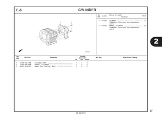 1 1111A5 CYLINDER ............................. 2,7 
.TERMASUK: Penurunan dan pemasangan 
mesin 
2 111102 GASKET, CYLINDER ..................... 2,6 
.TERMASUK: Penurunan dan pemasangan 
mesin 
E-6 CYLINDER 
1 12100-KZL-930 CYLINDER COMP. ............................ 1 1 1 
2 12191-GGC-900 GASKET, CYLINDER .......................... 1 1 1 
3 90701-KFM-901 DOWEL PIN, SPECIAL, 8X14 .................. 2 2 2 
2 
20.08.2012 
37 
No. 
Ref. L.O.N. (Nomor ref. relatif) 
Deskripsi F.R.T. 
No. 
No. Part Deskripsi Jumlah 
Ref. BEAT PGM-FI 
No. Seri Kode Parts Catalog CW CBS SPOKE 
 