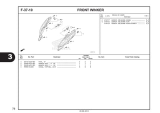 2 6161C7 WINKER :BELAKANG KANAN ............... 0,3 
3 6161C6 WINKER :BELAKANG KIRI ................ 0,3 
6161C8 WINKER :BELAKANG KEDUA-DUANYA ........ 0,3 
F-37-10 FRONT WINKER 
Jumlah 
BEAT PGM-FI 
No. 
Ref. No. Part Deskripsi No. Seri Kode Parts Catalog 
CW CBS SPOKE 
1 33113-K20-901 PIPE, CP .................................. 2 2 2 
2 33400-K25-901 WINKER ASSY., R. FR. ...................... 1 1 1 
3 33450-K25-901 WINKER ASSY., L. FR. ...................... 1 1 1 
4 93903-34320 SCREW, TAPPING, 4X12 ...................... 8 8 8 
3 
78 
No. 
Ref. L.O.N. (Nomor ref. relatif) 
Deskripsi F.R.T. 
20.08.2012 
 