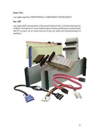15
Buses PCI:
Las siglas significan PERIPHERICAL COMPONENT INTERCONECT.
Bus AGP
Las siglas AGP corresponden a Advanced Graphics Port, o Puerto Avanzado de
Gráficos. Se trata de un nuevo sistema para conectar periféricos en la placa base
del PC; es decir, es un nuevo bus por el que van datos del microprocesador al
periférico.
 
