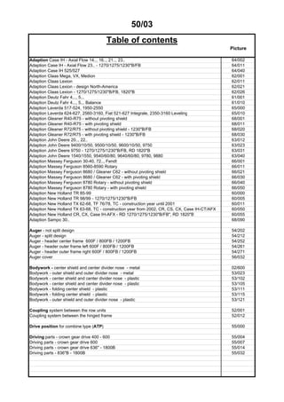 50/03
Table of contents
Picture
Adaption Case IH - Axial Flow 14.., 16.., 21.., 23.. 64/002
Adaption Case IH - Axial Flow 23.. - 1270/1275/1230"B/FB 64/011
Adaption Case IH 525/527 64/040
Adaption Claas Mega, VX, Medion 62/001
Adaption Claas Lexion 62/011
Adaption Claas Lexion - design North-America 62/021
Adaption Claas Lexion - 1270/1275/1230"B/FB, 1820"B 62/026
Adaption Deutz Fahr 4..., 5... 61/001
Adaption Deutz Fahr 4..., 5... Balance 61/010
Adaption Laverda 517-524, 1950-2550 65/000
Adaption Laverda 624-627, 2560-3160, Fiat 521-627 Integrale, 2350-3160 Leveling 65/010
Adaption Gleaner R40-R75 - without pivoting shield 68/001
Adaption Gleaner R40-R75 - with pivoting shield 68/011
Adaption Gleaner R72/R75 - without pivoting shield - 1230"B/FB 68/020
Adaption Gleaner R72/R75 - with pivoting shield - 1230"B/FB 68/030
Adaption John Deere 20.., 22.. 63/012
Adaption John Deere 9400/10/50, 9500/10/50, 9600/10/50, 9750 63/023
Adaption John Deere 9750 - 1270/1275/1230"B/FB, RD 1820"B 63/031
Adaption John Deere 1540/1550, 9540/60/80, 9640/60/80, 9780, 9880 63/040
Adaption Massey Ferguson 30-40, 72.., Fendt 66/001
Adaption Massey Ferguson 8560-8590 Rotary 66/011
Adaption Massey Ferguson 8680 / Gleaner C62 - without pivoting shield 66/021
Adaption Massey Ferguson 8680 / Gleaner C62 - with pivoting shield 66/030
Adaption Massey Ferguson 8780 Rotary - without pivoting shield 66/040
Adaption Massey Ferguson 8780 Rotary - with pivoting shield 66/050
Adaption New Holland TR 85-99 60/000
Adaption New Holland TR 98/99 - 1270/1275/1230"B/FB 60/005
Adaption New Holland TX 62-68, TF 76/78, TC - construction year until 2001 60/011
Adaption New Holland TX 63-68, TC - construction year from 2002, CR, CS, CX, Case IH-CT/AFX 60/050
Adaption New Holland CR, CX, Case IH-AFX - RD 1270/1275/1230"B/FB", RD 1820"B 60/055
Adaption Sampo 30.. 68/090
Auger - not split design 54/202
Auger - split design 54/212
Auger - header center frame 600F / 800FB / 1200FB 54/252
Auger - header outer frame left 600F / 800FB / 1200FB 54/261
Auger - header outer frame right 600F / 800FB / 1200FB 54/271
Auger cover 56/032
Bodywork - center shield and center divider nose - metal 02/600
Bodywork - outer shield and outer divider nose - metal 53/023
Bodywork - center shield and center divider nose - plastic 53/102
Bodywork - center shield and center divider nose - plastic 53/105
Bodywork - folding center shield - plastic 53/111
Bodywork - folding center shield - plastic 53/115
Bodywork - outer shield and outer divider nose - plastic 53/121
Coupling system between the row units 52/001
Coupling system between the hinged frame 52/012
Drive position for combine type (ATP) 55/000
Driving parts - crown gear drive 400 - 600 55/004
Driving parts - crown gear drive 600 55/007
Driving parts - crown gear drive 636" - 1800B 55/014
Driving parts - 836"B - 1800B 55/032
 