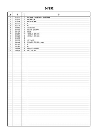 54/252
A B C D
1 512051 1 RD 600F / RD 870FB / RD 875 FB
1 512052 1 RD 880 FB
1 512054 1 RD 1230" FB
2 512220 1 L
3 512221 1 R
4 510080 2 40/35,6x25
5 041030 2 80x2,5 - DIN 472
6 025121 2 BE35
7 040251 4 45/35x2 - DIN 988
8 040226 2 45/35x1 - DIN 988
9 510075 2
10 040376 2 40/11x2,5
11 040544 2 M10x25 - DIN 933 - mvk
12 510140 1 L
12 510141 1 R
13 040444 8 M8x20 - DIN 933
14 040008 8 M8 - DIN 985
 