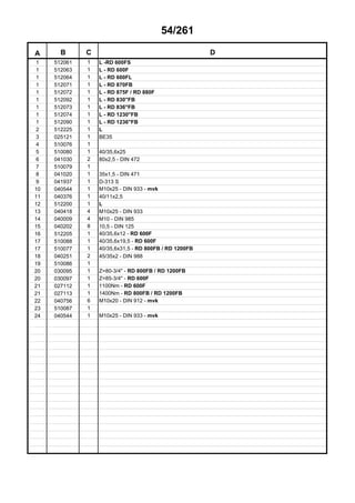 54/261
A B C D
1 512061 1 L -RD 600FS
1 512063 1 L - RD 600F
1 512064 1 L - RD 600FL
1 512071 1 L - RD 870FB
1 512072 1 L - RD 875F / RD 880F
1 512092 1 L - RD 830"FB
1 512073 1 L - RD 836"FB
1 512074 1 L - RD 1230"FB
1 512090 1 L - RD 1236"FB
2 512225 1 L
3 025121 1 BE35
4 510076 1
5 510080 1 40/35,6x25
6 041030 2 80x2,5 - DIN 472
7 510079 1
8 041020 1 35x1,5 - DIN 471
9 041937 1 D-313 S
10 040544 1 M10x25 - DIN 933 - mvk
11 040376 1 40/11x2,5
12 512200 1 L
13 040418 4 M10x25 - DIN 933
14 040009 4 M10 - DIN 985
15 040202 8 10,5 - DIN 125
16 512205 1 40/35,6x12 - RD 600F
17 510088 1 40/35,6x19,5 - RD 600F
17 510077 1 40/35,6x31,5 - RD 800FB / RD 1200FB
18 040251 2 45/35x2 - DIN 988
19 510086 1
20 030095 1 Z=80-3/4" - RD 800FB / RD 1200FB
20 030097 1 Z=85-3/4" - RD 600F
21 027112 1 1100Nm - RD 600F
21 027113 1 1400Nm - RD 800FB / RD 1200FB
22 040756 6 M10x20 - DIN 912 - mvk
23 510087 1
24 040544 1 M10x25 - DIN 933 - mvk
 