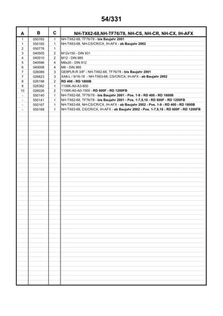 54/331
A B C NH-TX62-68,NH-TF76/78, NH-CS, NH-CR, NH-CX, IH-AFX
1 050765 1 NH-TX62-68, TF76/78 - bis Baujahr 2001
1 550165 1 NH-TX63-68, NH-CS/CR/CX, IH-AFX - ab Baujahr 2002
2 050776 1
3 040505 2 M12x150 - DIN 931
4 040010 2 M12 - DIN 985
5 040596 4 M8x20 - DIN 912
6 040008 4 M8 - DIN 985
7 026089 3 GE8PLR-R 3/8" - NH-TX62-68, TF76/78 - bis Baujahr 2001
7 026823 3 XA8-L / 9/16-18 - NH-TX63-68, CS/CR/CX, IH-AFX - ab Baujahr 2002
8 026198 2 RD 400 - RD 1800B
9 026362 1 1106K-A0-A3-800
10 026026 2 1106K-A0-A0-1500 - RD 600F - RD 1200FB
- 550140 1 NH-TX62-68, TF76/78 - bis Baujahr 2001 - Pos. 1-9 - RD 400 - RD 1800B
- 550141 1 NH-TX62-68, TF76/78 - bis Baujahr 2001 - Pos. 1-7,9,10 - RD 600F - RD 1200FB
- 550167 1 NH-TX63-68, NH-CS/CR/CX, IH-AFX - ab Baujahr 2002 - Pos. 1-9 - RD 400 - RD 1800B
- 550168 1 NH-TX63-68, CS/CR/CX, IH-AFX - ab Baujahr 2002 - Pos. 1-7,9,10 - RD 600F - RD 1200FB
 