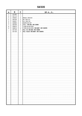 54/335
A B C DF- 4..., 5...
1 051990 1
2 551115 1
3 040444 2 M8x20 - DIN 933
4 040108 2 A8 - DIN 127
5 040201 2 8,4 - DIN 125
6 026089 3 GE8PLR-R 3/8"
7 026198 2 VK8-L - RD 400 - RD 1200B
8 026919 1 1106K-A0-A0-2200
9 026919 2 1106K-A0-A0-2200 - RD 600F - RD 1200FB
- 551108 1 Pos. 1-8 - RD 400 - RD 1200B
- 551109 1 Pos. 1-6,8,9 - RD 600F - RD 1200FB
 