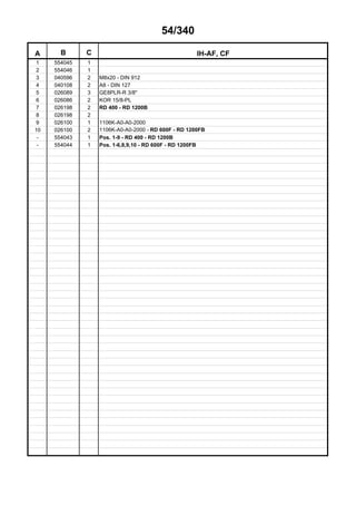 54/340
A B C IH-AF, CF
1 554045 1
2 554046 1
3 040596 2 M8x20 - DIN 912
4 040108 2 A8 - DIN 127
5 026089 3 GE8PLR-R 3/8"
6 026086 2 KOR 15/8-PL
7 026198 2 RD 400 - RD 1200B
8 026198 2
9 026100 1 1106K-A0-A0-2000
10 026100 2 1106K-A0-A0-2000 - RD 600F - RD 1200FB
- 554043 1 Pos. 1-9 - RD 400 - RD 1200B
- 554044 1 Pos. 1-6,8,9,10 - RD 600F - RD 1200FB
 