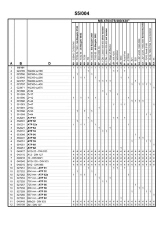 55/004
MS 470/475/480/430"
A B D
NH-CS540,CX720/740
NH-TC52-56,TX62-bisBaujahr07/02
NH-TC52-56-abBaujahr08/02
NH-TC59
NH-TR
NH-TX63-65-bisBaujahr2001
NH-TX63-65-abBaujahr2002
DF-4040-4065,55..
CL/CA-Lexion405-430ohneVariator
CL/CA-Lexion405-430mitVariator
CL-Mega,VX,Medion
JD-205.+225.
JD-9450/9550
JD-9540
IH-AxialFlow
IH-CT5050
IH-521
IH-525
LA-L521-L525,1950-2550
LA-L521-L525,1950-2550Schwenkschild
MF-7242,Fendt5180
MF-30-36,7250-7256,Fendt5220/50
SA-30..
1 55/101 1 1 1 1 1 1 1 1 1 1 1 1 1 1 1 1 1 1 1 1 1 1 1
2 023785 W2300-Lz189 1 1 1 1
2 023786 W2300-Lz256 1 1
2 023940 W2300-Lz290 1 1 1 1 1 1
2 023787 W2300-Lz375 1 1 1 1 1
2 023797 W2300-Lz450 1 1 1 1 1
2 023871 W2300-Lz575 1
3 501580 Z=32 1 1
3 501589 Z=37 1 1
3 501590 Z=42 1 1 1 1 1
3 501582 Z=44 1 1 1 1
3 501583 Z=47 1 1 1 1
3 501584 Z=50 1
3 501586 Z=56 1 1 1
3 501588 Z=64 1 1
4 553001 ATP 51 1 1 1 1
4 550001 ATP 52 1 1
4 550201 ATP 52a 1 1 1 1 1
4 552021 ATP 53 1 1
4 552031 ATP 55 1 1
4 553086 ATP 56 1
4 555031 ATP 58 1 1
4 556051 ATP 59 1 1 1
4 554051 ATP 60 1
4 556251 ATP 62 1
5 040427 M12x25 - DIN 933 4 4 4 4 4 4 4 4 4 4 4 4 4 4 4 4 4 4 4 4 4 4 4
6 040110 A12 - DIN 127 4 4 4 4 4 4 4 4 4 4 4 4 4 4 4 4 4 4 4 4 4 4 4
7 040218 13 - DIN 9021 4 4 4 4 4 4 4 4 4 4 4 4 4 4 4 4 4 4 4 4 4 4 4
8 040540 M12x130 - DIN 933 4 4 4 4 4 4 4 4 4 4 4 4 4 4 4 4 4 4 4 4 4 4 4
9 040010 M12 - DIN 985 4 4 4 4 4 4 4 4 4 4 4 4 4 4 4 4 4 4 4 4 4 4 4
10 527251 514 mm - ATP 51 1 1 1 1
10 527252 604 mm - ATP 52 1 1
10 527262 642 mm - ATP 52a 1 1 1 1 1
10 527253 777 mm - ATP 53 1 1
10 527255 730 mm - ATP 55 1 1
10 527257 725 mm - ATP 56 1
10 527258 806 mm - ATP 58 1 1
10 527259 859 mm - ATP 59 1 1 1
10 527260 957 mm - ATP 60 1
10 527262 642 mm - ATP 62 1
11 040448 M8x25 - DIN 933 4 4 4 4 4 4 4 4 4 4 4 4 4 4 4 4 4 4 4 4 4 4 4
12 040108 A8 - DIN 127 6 6 6 6 6 6 6 6 6 6 6 6 6 6 6 6 6 6 6 6 6 6 6
 