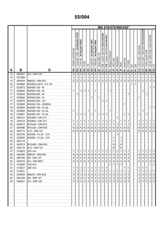 55/004
MS 470/475/480/430"
A B D
NH-CS540,CX720/740
NH-TC52-56,TX62-bisBaujahr07/02
NH-TC52-56-abBaujahr08/02
NH-TC59
NH-TR
NH-TX63-65-bisBaujahr2001
NH-TX63-65-abBaujahr2002
DF-4040-4065,55..
CL/CA-Lexion405-430ohneVariator
CL/CA-Lexion405-430mitVariator
CL-Mega,VX,Medion
JD-205.+225.
JD-9450/9550
JD-9540
IH-AxialFlow
IH-CT5050
IH-521
IH-525
LA-L521-L525,1950-2550
LA-L521-L525,1950-2550Schwenkschild
MF-7242,Fendt5180
MF-30-36,7250-7256,Fendt5220/50
SA-30..
13 040201 8,4 - DIN 125 4 4 4 4 4 4 4 4 4 4 4 4 4 4 4 4 4 4 4 4 4 4 4
14 527268 1 1 1 1 1 1 1 1 1 1 1 1 1 1 1 1 1 1 1 1 1 1 1
15 040444 M8x20 - DIN 933 2 2 2 2 2 2 2 2 2 2 2 2 2 2 2 2 2 2 2 2 2 2 2
16 023868 W2400-Lz410 - 21t / 6t 1 1
17 023673 W2400-130 - 6t 1 1
17 023642 W2400-150 - 6t 1 1 1 1 1 1 1
17 023643 W2400-200 - 6t 1 1 1
17 023644 W2400-250 - 6t 1 1 1
17 023675 W2400-200 - 21t 1 1
17 023893 W2400-150 - SW28,6 1
18 023850 W2400-126 - FL.6L. 1 1
18 023849 W2400-150 - FL.6L. 1 1 1 1 1
18 023891 W2400-187 - FL.6L. 1 1 1 1 1 1 1 1 1 1 1
19 029127 W2300-1 3/8"-21t 1
19 029123 W2400-1 3/8"-21t 1 1 1 1 1 1 1 1 1 1 1 1 1 1 1 1 1 1 1 1
20 040912 M10x40 - DIN 912 1 1 1 1 1 1 1 1 1 1 1 1 1 1 1 1 1 1 1 1 1
21 040496 M12x30 - DIN 933 6 6 6 6 6 6 6 6 6 6 6 6 6 6 6 6 6 6 6 6 6
22 040110 A12 - DIN 127 6 6 6 6 6 6 6 6 6 6 6 6 6 6 6 6 6 6 6 6 6
23 023140 W2300 - FL.6L. / 21t 1
23 023535 W2400 - FL.6L. / 21t 1 1
24 029119 1 1
25 040513 M12x90 - DIN 933 6 6
26 040110 A12 - DIN 127 6 6
27 510823 353 mm 1 1 1 1 1 1 1 1 1 1 1 1 1 1 1 1 1 1 1 1 1
28 040448 M8x25 - DIN 933 4 4 4 4 4 4 4 4 4 4 4 4 4 4 4 4 4 4 4 4 4
29 040108 A8 - DIN 127 4 4 4 4 4 4 4 4 4 4 4 4 4 4 4 4 4 4 4 4 4
30 040216 8,4 - DIN 9021 4 4 4 4 4 4 4 4 4 4 4 4 4 4 4 4 4 4 4 4 4
31 510830 150 mm 1 1 1 1 1 1
31 510831 200 mm 1 1 1 1 1 1 1 1 1 1 1 1 1 1 1
32 510821 1 1 1 1 1 1 1 1 1 1 1 1 1 1 1 1 1 1 1 1 1
33 040528 M8x30 - DIN 933 3 3 3 3 3 3 3 3 3 3 3 3 3 3 3 3 3 3 3 3 3
34 040108 A8 - DIN 127 3 3 3 3 3 3 3 3 3 3 3 3 3 3 3 3 3 3 3 3 3
35 040201 8,4 - DIN 125 3 3 3 3 3 3 3 3 3 3 3 3 3 3 3 3 3 3 3 3 3
 