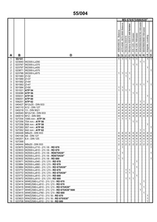 55/004
MS 670/675/680/630"
A
1
B
55/101
D
DF-4060/4065,55..Balance
1
DF-4070-4090,5670-5690Balance
1
CL-Montana430/470
1
CL-Montana430/470mitVariator
1
JD-205.+225.Hillmaster
1
JD-206.+226.Hillmaster
1
JD-9540/9560/9580/9780Hillmaster
JD-9640/9660/9680Hillmaster
LA-Integrale,Leveling
SA-30..
1 1
2 023940 W2300-Lz290 1 1
2 023787 W2300-Lz375 1 1
2 023797 W2300-Lz450 1
2 023871 W2300-Lz575 1
2 023788 W2300-Lz675 1 1 1 1
3 501580 Z=32 1
3 501589 Z=37 1
3 501582 Z=44 1
3 501583 Z=47 1 1 1 1 1
3 501584 Z=50 1 1
4 551021 ATP 54 1 1 1 1
4 553086 ATP 56 1 1
4 555031 ATP 58 1
4 556051 ATP 60 1
4 556251 ATP 62 1 1
5 040427 M12x25 - DIN 933 4 4 4 4 4 4 4 4 4 4
6 040110 A12 - DIN 127 4 4 4 4 4 4 4 4 4 4
7 040218 13 - DIN 9021 4 4 4 4 4 4 4 4 4 4
8 040540 M12x130 - DIN 933 4 4 4 4 4 4 4 4 4 4
9 040010 M12 - DIN 985 4 4 4 4 4 4 4 4 4 4
10 527254 1085 mm - ATP 54 1 1 1 1
10 527256 704 mm - ATP 56 1 1
10 527258 806 mm - ATP 58 1
10 527260 957 mm - ATP 60 1
10 527262 642 mm - ATP 62 1 1
11 040448 M8x25 - DIN 933 4 4 4 4 4 4 4 4 4 4
12 040108 A8 - DIN 127 6 6 6 6 6 6 6 6 6 6
13 040201 8,4 - DIN 125 4 4 4 4 4 4 4 4 4 4
14 527268 1 1 1 1 1 1 1 1 1 1
15 040444 M8x20 - DIN 933 2 2 2 2 2 2 2 2 2 2
16 023970 W2500-Lz710 - 21t / 6t - RD 670 1 1
16 023933 W2500-Lz810 - 21t / 6t - RD 670 1
16 023933 W2500-Lz810 - 21t / 6t - RD675/630" 1 1
16 023932 W2500-Lz910 - 21t / 6t - RD675/630" 1
16 023932 W2500-Lz910 - 21t / 6t - RD 680 1 1 1
16 023971 W2500-Lz540 - 21t / 21t - RD 670 1
16 023884 W2500-Lz660 - 21t / 21t - RD 670 1
16 023884 W2500-Lz660 - 21t / 21t - RD 675/630" 1
16 023772 W2500-Lz810 - 21t / 21t - RD 670 1 1
16 023772 W2500-Lz810 - 21t / 21t - RD 675/630" 1 1 1
16 023772 W2500-Lz810 - 21t / 21t - RD 680 1
16 023972 W2500-Lz910 - 21t / 21t - RD 680 1 1 1
16 023414 WWE2580-Lz710 - 21t / 21t - RD 670 1
16 023416 WWE2580-Lz810 - 21t / 21t - RD 670 1
16 023416 WWE2580-Lz810 - 21t / 21t - RD 675/630" 1
16 023417 WWE2580-Lz910 - 21t / 21t - RD 675/630"/680 1
16 023415 WWE2580-Lz760 - 21t / 21t - RD 680 1
16 023837 WWZ2580-Lz710 - 21t / 6t - RD 670 1
16 023823 WWZ2580-Lz810 - 21t / 6t - RD 675/630" 1
16 023708 WWZ2580-Lz910 - 21t / 6t - RD 680 1
 
