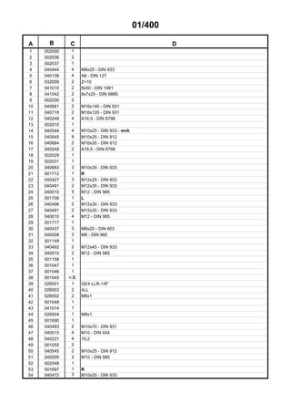 01/400
A B C D
1 002000 1
2 002036 2
3 002037 1
4 040444 4 M8x20 - DIN 933
5 040108 4 A8 - DIN 127
6 032009 2 Z=10
7 041010 2 8x50 - DIN 1481
8 041042 2 8x7x25 - DIN 6885
9 002030 2
10 040681 2 M16x140 - DIN 931
11 040718 2 M16x120 - DIN 931
12 040248 4 A16,5 - DIN 6798
13 002010 1
14 040544 4 M10x25 - DIN 933 - mvk
15 040545 9 M10x25 - DIN 912
16 040684 2 M16x35 - DIN 912
17 040248 2 A16,5 - DIN 6798
18 002029 1
19 002031 1
20 040683 3 M10x35 - DIN 933
21 001712 1 R
22 040427 3 M12x25 - DIN 933
23 040491 2 M12x35 - DIN 933
24 040010 5 M12 - DIN 985
25 001706 1 L
26 040496 2 M12x30 - DIN 933
27 040491 2 M12x35 - DIN 933
28 040010 4 M12 - DIN 985
29 001717 1
30 040437 3 M8x20 - DIN 603
31 040008 3 M8 - DIN 985
32 001148 1
33 040492 2 M12x45 - DIN 933
34 040010 2 M12 - DIN 985
35 001158 1
36 001047 1
37 001046 1
38 001045 n.B.
39 026001 1 GE4 LLR-1/8"
40 026003 2 4LL
41 026002 2 M8x1
42 001048 1
43 041014 1
44 026004 1 M8x1
45 001690 1
46 040493 2 M10x70 - DIN 931
47 040015 4 M10 - DIN 934
48 040231 4 10,2
49 001055 2
50 040545 2 M10x25 - DIN 912
51 040009 2 M10 - DIN 985
52 002048 1
53 001697 1 R
54 040472 3 M10x20 - DIN 933
 