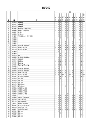 55/042
C
A B D
ATP50
ATP51
ATP52
ATP52a
ATP53
ATP54
ATP55
ATP56
ATP58
ATP59
ATP60
ATP62
ATPRD400F
1 501578 2-gang 1 1 1 1 1 1 1 1 1 1 1 1 1
1 501577 3-gang 1 1 1 1 1 1 1 1 1 1 1 1 1
1 501576 5-gang 1 1 1 1 1 1 1 1 1 1 1 1 1
2 041294 45x80x8 - DIN 3760 1 1 1 1 1 1 1 1 1 1 1 1 1
3 040448 M8x25 - DIN 933 8 8 8 8 8 8 8 8 8 8 8 8 8
4 040827 M10x1 1 1 1 1 1 1 1 1 1 1 1 1 1
5 040908 M18x1,5 1 1 1 1 1 1 1 1 1 1 1 1 1
6 041297 A18x22x1,5 - DIN 7603 1 1 1 1 1 1 1 1 1 1 1 1 1
7 510652 1 1 1 1 1 1
8 510652 1 1
9 510652 1 1 1 1 1
10 510654 1 1 1 1 1
11 040418 M10x25 - DIN 933 3 4 2 2 4 2 4 4 2 4 3 2 2
12 040202 10,5 - DIN 125 6 8 4 4 8 4 8 8 4 8 6 4 4
13 040009 M10 - DIN 985 3 4 2 2 4 2 4 4 2 4 3 2 2
14 527420 2 2
14 527428 2 2 2 2 2 2 2
15 026379 M6 2 2 2 2 2 2 2
16 040455 M12x40 - DIN 933 1 1 1 1 1 1 1 1 1
17 040175 13/39x3 1 1 1 1 1 1 1 1 1
18 027114 GLO 2s 2 2 2 2 2 2 2 2 2
19 527423 2-gang 1 1 1 1 1 1 1 1 1
19 527423 3-gang + 5-gang 2 2 2 2 2 2 2 2 2
20 527426 1 1
21 040929 M10x35 - DIN 931 6 6
22 040928 M10x40 - DIN 931 6 6 6 6 6 6 6 6 6
23 040202 10,5 - DIN 125 6 6 6 6 6 6 6 6 6
24 040015 M10 - DIN 934 6 6 12 12 12 12 12 12 12
25 040742 M10x45 - DIN 931 6 6 6 6 6 6 6
26 529170 103 mm 1
26 529178 142 mm 1 1
26 529176 162 mm 1
26 529174 223,5 mm 1 1
26 529172 276,5 mm 1
27 023785 W2300-Lz189 1
27 023786 W2300-Lz256 1
27 023882 W2300-Lz320 1
27 023797 W2300-Lz450 1
28 550011 1 1 1 1 1 1 1 1 1 1 1 1 1
29 040612 M8x16 - DIN 603 1 1 1 1 1 1 1 1 1 1 1 1 1
30 040300 V9 - DIN 440 1 1 1 1 1 1 1 1 1 1 1 1 1
31 040008 M8 - DIN 985 1 1 1 1 1 1 1 1 1 1 1 1 1
32 700607 ø20/12,5x76,65 1 1 1 1 1 1 1 1 1 1 1 1 1
33 040734 M10x100 - DIN 931 1 1 1 1 1 1 1 1 1 1 1 1 1
34 040109 A10 - DIN 127 1 1 1 1 1 1 1 1 1 1 1 1 1
35 040217 10,5 - DIN 9021 3 2 2 2 2 2 2 2 2 2 2 2 2
36 527161 293 mm 1 1
36 527162 383 mm 1
36 527171 422 mm 1 1
36 527177 442 mm 1
 