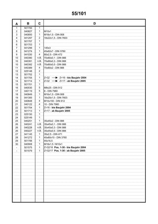 55/101
A B C D
1 501700 1
2 040827 1 M10x1
3 040850 1 M18x1,5 - DIN 908
4 041297 2 18x22x1,5 - DIN 7603
5 501707 1
6 501703 1
7 041299 1 140x3
8 041274 1 45x62x7 - DIN 3760
9 041030 4 80x2,5 - DIN 472
10 040390 n.B. 70x80x0,1 - DIN 988
10 040391 n.B. 70x80x0,3 - DIN 988
10 040392 n.B. 70x80x0,5 - DIN 988
11 040389 4 70x80x2 - DIN 988
12 025148 2
13 501702 1
14 501705 1 Z=32 Z=16 - bis Baujahr 2004
14 501714 1 Z=32 Z=17 - ab Baujahr 2005
15 501701 1
16 040530 5 M8x25 - DIN 912
17 040119 5 8 - DIN 7980
18 040849 1 M16x1,5 - DIN 908
19 041300 1 16x20x1,5 - DIN 7603
20 040848 4 M10x150 - DIN 912
21 040122 4 10 - DIN 7980
22 501704 1 Z=16 - bis Baujahr 2004
22 501713 1 Z=17 - ab Baujahr 2005
23 025150 1
24 025149 1
25 040251 1 35x45x2 - DIN 988
26 040241 n.B. 35x45x0,1 - DIN 988
26 040228 n.B. 35x45x0,3 - DIN 988
26 040227 n.B. 35x45x0,5 - DIN 988
27 041145 1 35x2,5 - DIN 471
28 041272 1 45x80x10 - DIN 3760
29 501706 1 45x16,5
30 040908 1 M18x1,5 / M10x1
- 501575 1 Z=32/16 Pos. 1-30 - bis Baujahr 2004
- 501579 1 Z=32/17 Pos. 1-30 - ab Baujahr 2005
 
