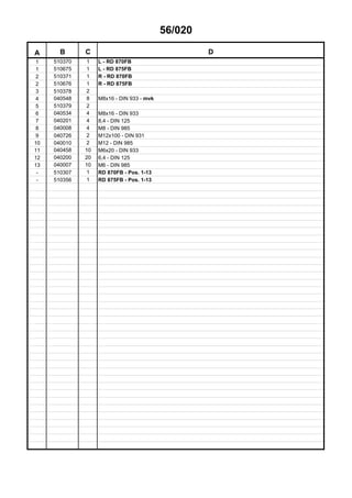 56/020
A B C D
1 510370 1 L - RD 870FB
1 510675 1 L - RD 875FB
2 510371 1 R - RD 870FB
2 510676 1 R - RD 875FB
3 510378 2
4 040548 8 M8x16 - DIN 933 - mvk
5 510379 2
6 040534 4 M8x16 - DIN 933
7 040201 4 8,4 - DIN 125
8 040008 4 M8 - DIN 985
9 040726 2 M12x100 - DIN 931
10 040010 2 M12 - DIN 985
11 040458 10 M6x20 - DIN 933
12 040200 20 6,4 - DIN 125
13 040007 10 M6 - DIN 985
- 510307 1 RD 870FB - Pos. 1-13
- 510356 1 RD 875FB - Pos. 1-13
 