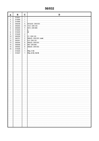 56/032
A B C D
1 510421 1
2 510568 1
3 510569 1
4 040438 5 M10x30 - DIN 933
5 040202 10 10,5 - DIN 125
6 040009 5 M10 - DIN 985
7 510424 1 L
8 510425 1 R
9 510426 2
10 040250 2 21 - DIN 125
11 040751 2 M8x25 - DIN 933 - mvk
12 040201 2 8,4 - DIN 125
13 040444 8 M8x20 - DIN 933
14 040008 8 M8 - DIN 985
15 040502 8 M8x40 - DIN 933
16 510428 1
- 510420 1 Pos. 1-14
- 510427 1 Pos. 2-12, 14-16
 